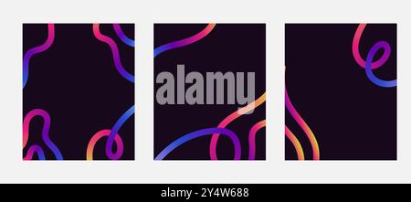 Set of Neon Color Gradient squiggle lines posters. Scribble stripe with wavy elements. Abstract organic dynamic colorful Sshapes on dark background Stock Vector