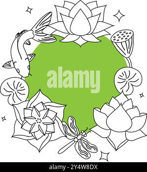 Line art vector drawing of lotus flower on lotus leaf with lotus flower frame Stock Vector