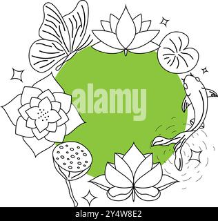 Round Lotus Floral, Line Art Illustration Vector Stock Vector