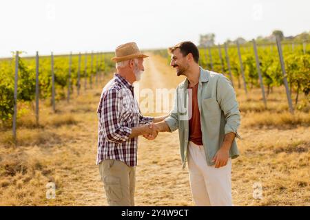 Two men share a meaningful discussion amidst rows of grapevines, enjoying the warmth of the late afternoon sun, symbolizing connection and tradition i Stock Photo
