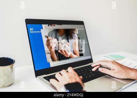 AI generative app. Chat with Artificial Intelligence software in computer at home office. Hands view of Future digital technology and copyright trend Stock Photo