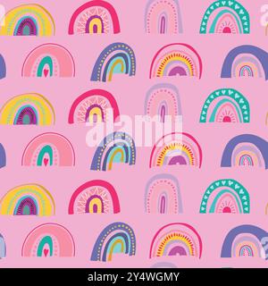 Cute rainbows seamless pattern. Baby pink pattern for textiles, wallpapers, cute seamless girlish ornament. Hand drawn Vector Illustration. Stock Vector