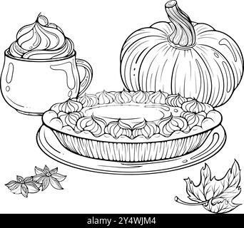 Still life with pumpkin latte and pie line art Stock Vector