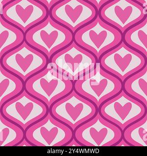 Pink hearts on mid century ogee ovals seamless pattern. For Valentines day background, wrapping paper, home décor and fabric Stock Vector