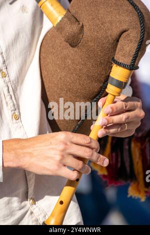 Hands of a musician playing a typical bagpipe in Galicia, Spain. Folk music concept Stock Photo