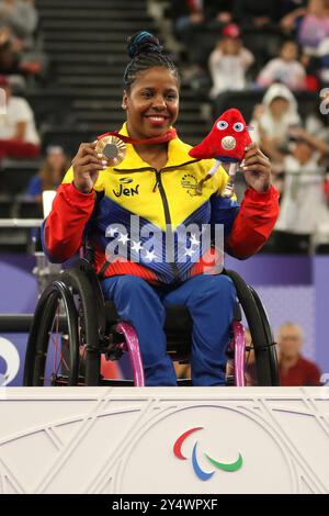 Clara Sarahy FUENTES MONASTERIO of Venezuela wins gold in the Para Powerlifting Women's up to 50kg Final at the Porte de La Chapelle Arena, 2024 Paralympic games, Paris, France. Stock Photo