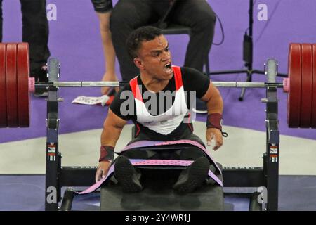 Mohamed ELMENYAWY of Egypt wins gold in the Para Powerlifting men's up to 59kg Final at the Porte de La Chapelle Arena, 2024 Paralympic games, Paris, France. Stock Photo