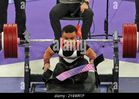 Mohamed ELMENYAWY of Egypt wins gold in the Para Powerlifting men's up to 59kg Final at the Porte de La Chapelle Arena, 2024 Paralympic games, Paris, France. Stock Photo