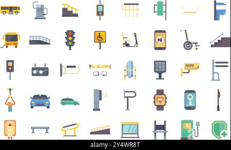 Set of flat isolated icons featuring urban, traffic, smart technologies, charging stations, and accessibility elements for a modern city Stock Vector