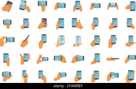 Collection of hands holding using showing mobile phones smartphones in different positions such as taking selfie photo or video chatting Stock Vector