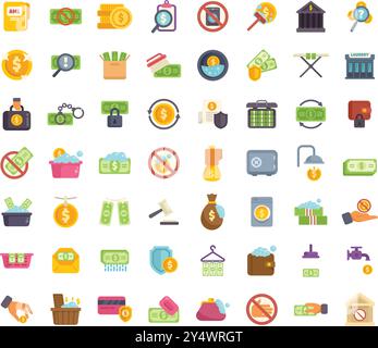 Money laundering scheme presenting hiding illegal cash as legitimate income with laundering finance operation icons set vector illustration Stock Vector