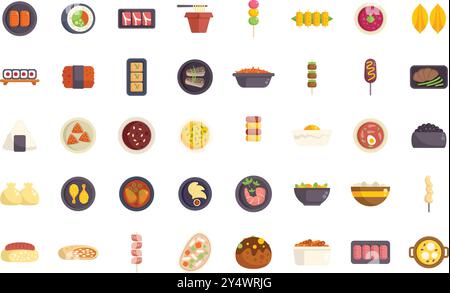 This vector illustration set features a variety of popular asian cuisine dishes, showcasing the diverse flavors of these rich culinary traditions Stock Vector