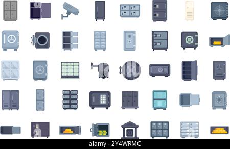 This is a vector illustration set featuring various security systems, including modern safe boxes, vaults, and surveillance cameras, all focused on protecting valuable assets Stock Vector