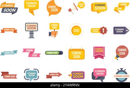 This set features various coming soon announcement designs with different backgrounds Stock Vector