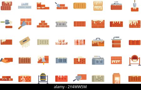 Bricklaying tools and process with different types of bricks and steps Stock Vector