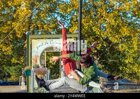 Circus show 'Ven' by the 'Si Seul company'. Amphitheater of the port of Colombiers. Show hosted as part of the stage in Herault. Occitanie, France Stock Photo