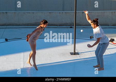 Circus show 'Ven' by the 'Si Seul company'. Amphitheater of the port of Colombiers. Show hosted as part of the stage in Herault. Occitanie, France Stock Photo