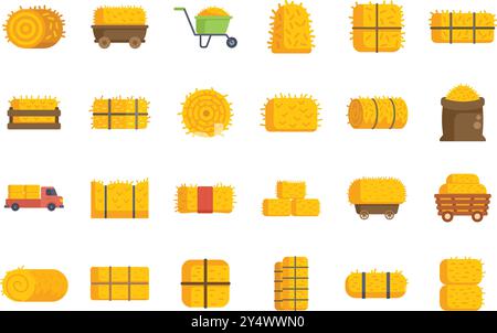 This set of icons shows hay bales being harvested, stored, and transported in different ways Stock Vector