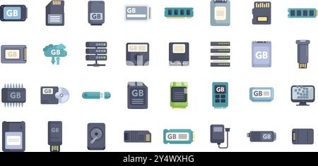 This set of icons depicts various devices used for computer storage and data transfer, with a focus on gigabyte capacity Stock Vector