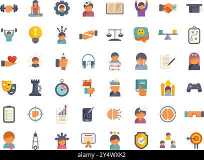 This icon set illustrates different aspects of personal development, featuring icons related to education, sports, arts, and more Stock Vector
