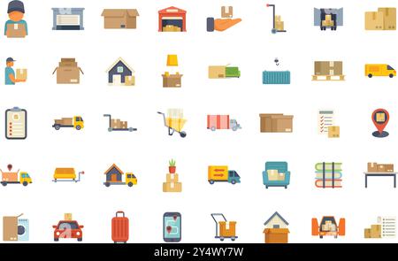 This image depicts various icons related to delivery services, logistics, and the transportation of goods Stock Vector