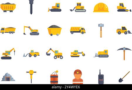 This set of icons represents various aspects of the mining industry, focusing on equipment and personnel involved in resource extraction Stock Vector