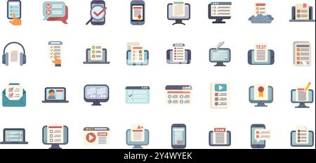 Set of icons showing different ways to take online tests using electronic devices Stock Vector