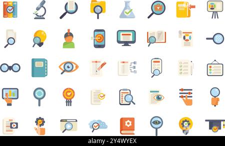 Set of flat icons representing searching and researching information using magnifying glass, books, documents and other tools Stock Vector