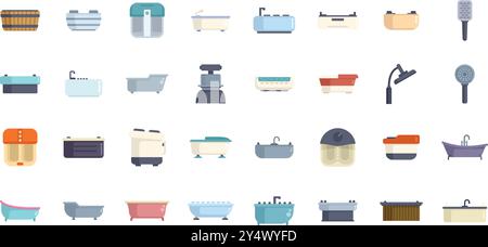 Set of bathtubs showing different designs and purposes for washing and relaxing, isolated on white background Stock Vector