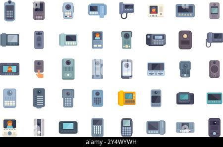 Large set of modern intercom icons showing different types of intercoms, in a flat design style Stock Vector