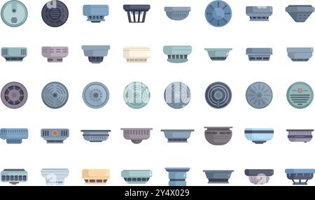 Collection of various smoke detector icons, highlighting different designs and styles for fire safety and prevention Stock Vector