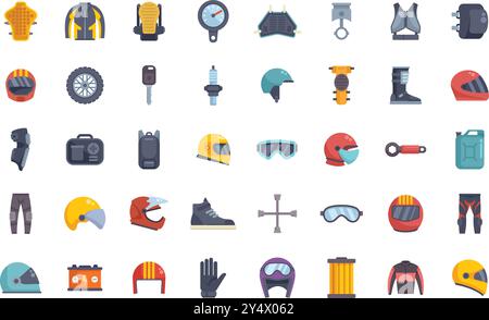 Set of simple and colorful icons representing different motorcycle equipment, clothing and tools Stock Vector