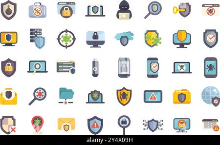 Large set of icons representing cyber security, virus and internet security and data protection Stock Vector