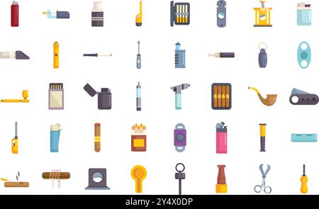 Big set of smoking related vector icons featuring pipes, lighters, ashtrays, and more in a flat design style Stock Vector
