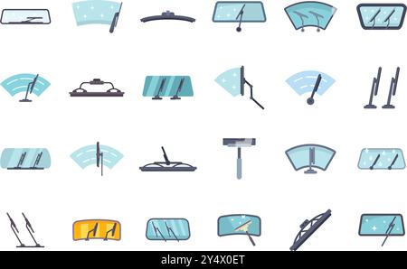 Set of various icons depicting car windshield wipers keeping the glass clean and clear Stock Vector