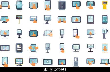 This is a set of icons representing people interacting with touch screen devices of different types and sizes Stock Vector