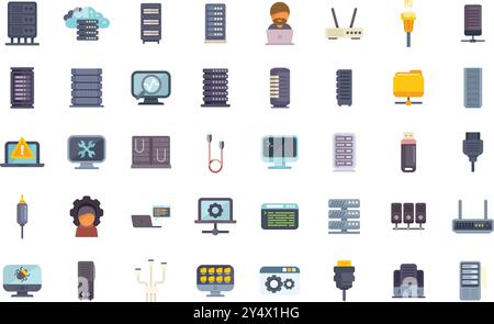 Data center hosting server network connection concept icons set in flat style Stock Vector