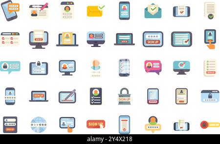 This set includes icons of people registering online using laptop computer, tablet and smartphone Stock Vector