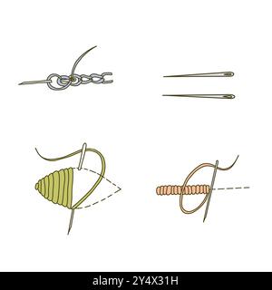 Set of different types of Embroidery Stitches and two Needles. Hand drawn colored Vector illustration, isolated on white background. Perfect for Stock Vector