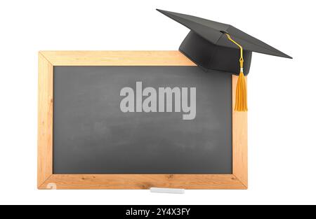 Blank School Blackboard, with graduation cap and chalk, front view 3D rendering isolated on white background Stock Photo
