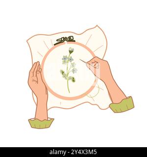 Female Hands embroidering on a Hoop Flowers, Needlework, Embroidery composition. Vector Flat, hand drawn illustration isolated on a white background Stock Vector