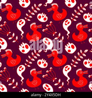 Halloween animals seamless skulls and ducks pattern for wrapping paper and fabrics and linens and kids clothes print and autumn party accessories. Hig Stock Photo