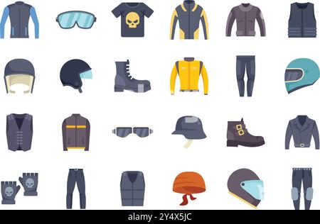 Collection of motorcycle gear and apparel providing safety and style for riders Stock Vector