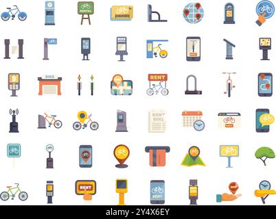 This set features various icons related to bike rental, encompassing traditional and modern methods of renting bicycles Stock Vector