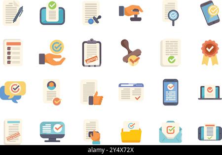 Set of flat icons showing approved or certified documents, agreements, contracts, forms and more Stock Vector