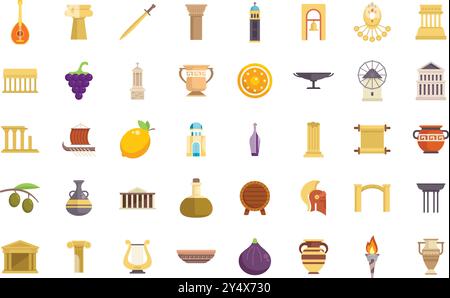 Ancient greece culture and mythology icons showing famous landmarks, food and gods attributes Stock Vector