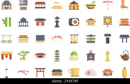 This image is filled with icons representing japanese culture, including travel destinations and cuisine Stock Vector