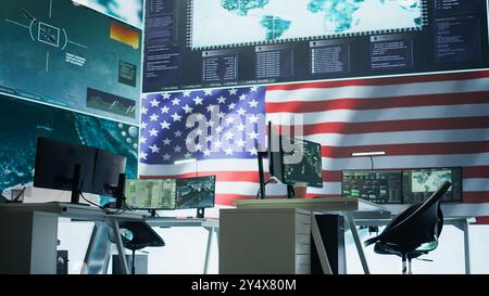 Empty army command center monitoring room agency with the russian flag ...