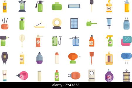 Big set of colorful icons depicting various mosquito repellent devices and products, isolated on white background Stock Vector