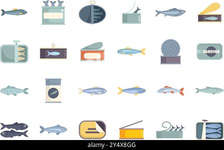 This set of icons shows sardines in various settings, both whole and canned, making it perfect for any project related to seafood or fishing Stock Vector